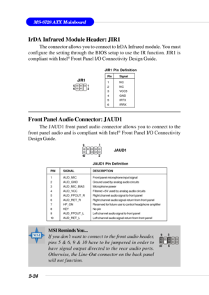 Page 462-24
MS-6728 ATX Mainboard
IrDA Infrared Module Header: JIR1
The connector allows you to connect to IrDA Infrared module. You must
configure the setting through the BIOS setup to use the IR function. JIR1 is
compliant with Intel
® Front Panel I/O Connectivity Design Guide.
JIR1
65
2 1
Pin Signal
1NC
2NC
3 VCC5
4 GND
5 IRTX
6 IRRX
JIR1 Pin Definition
Front Panel Audio Connector: JAUD1
The JAUD1 front panel audio connector allows you to connect to the
front panel audio and is compliant with Intel® Front...
