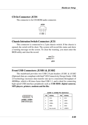 Page 472-25
Hardware Setup
Chassis Intrusion Switch Connector: JCI1
This connector is connected to a 2-pin chassis switch. If the chassis is
opened, the switch will be short. The system will record this status and show
a warning message on the screen. To clear the warning, you must enter the
BIOS utility and clear the record.
JCI1
2
1 GND
CINTRU
Front USB Connectors: JUSB1 & JUSB2
The mainboard provides two USB 2.0 pin headers JUSB1 & JUSB2
(Optional) that are compliant with Intel® I/O Connectivity Design...