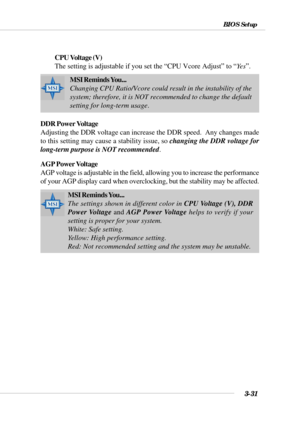Page 803-31
BIOS Setup
CPU Voltage (V)
The setting is adjustable if you set the “CPU Vcore Adjust” to “Ye s”.
DDR Power Voltage
Adjusting the DDR voltage can increase the DDR speed.  Any changes made
to this setting may cause a stability issue, so changing the DDR voltage for
long-term purpose is NOT recommended.
AGP Power Voltage
AGP voltage is adjustable in the field, allowing you to increase the performance
of your AGP display card when overclocking, but the stability may be affected.
MSI Reminds You......
