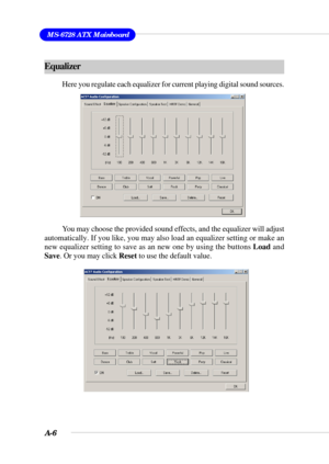 Page 88A-6
MS-6728 ATX Mainboard
Equalizer
Here you regulate each equalizer for current playing digital sound sources.
You may choose the provided sound effects, and the equalizer will adjust
automatically. If you like, you may also load an equalizer setting or make an
new equalizer setting to save as an new one by using the buttons Load and
Save. Or you may click Reset to use the default value. 