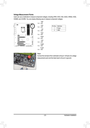 Page 23- 23 -
Pin No.Definition
1Power
2GND
Voltage Measurement Points
Users can use a multimeter to measure component voltages, including VRIN, VIAO, VSA, VAXG, VRING, VIOD, 
VDIMM, and VCORE. You can employ following way to measure component voltages.
Steps:
Connect	the	red	 lead	 of	the	 multimeter	 to	the	 pin	1	(Power)	 of	a	voltage 	
measurement	point	and	the	black	lead	to	the	pin	2	(ground).
F_USB30
F_U
B_F_F_

_
B
BS_
B
SB_
B
_S

S_
_
B
_U
_
B



\
\
S 
12 312 3
12 312 3
11
1
1
BSS\
S\
_S 
SS\
U
123...