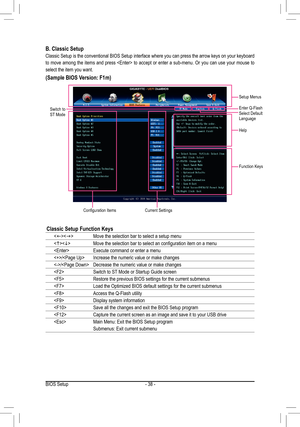 Page 38- 38 -
Classic Setup Function Keys
Move the selection bar to select a setup menu
Move	the	selection	bar	to	select	an	configuration	item	on	a	menu
Execute command or enter a menu
/Increase the numeric value or make changes
/Decrease the numeric value or make changes
Switch to ST Mode or Startup Guide screen
Restore the previous BIOS settings for the current submenus
Load	the	Optimized	BIOS	default	settings	for	the	current	submenus
Access the Q-Flash utility
Display system information
Save all the changes...