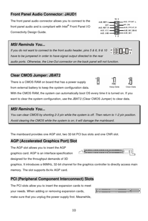 Page 14 
10 Front Panel Audio Connector: JAUD1 
The front panel audio connector allows you to connect to the 
front panel audio and is compliant with Intel®
 Front Panel I/O 
Connectivity Design Guide.  
 MSI Reminds You...  If you do not want to connect to the front audio header, pins 5 & 6, 9 & 10  have to be jumpered in order to have signal output directed to the rear  audio ports. Otherwise, the Line-Out connector on the back panel will not function.   Clear CMOS Jumper: JBAT2 
There is a CMOS RAM on board...