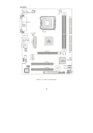 Page 83 
79 
BATT
+
DIMM 1
DIMM 2
JAUDIO1
CD_IN1
JSP1
JBAT2
JFP1
JFP2
JUSB1
FDD1
JUSB2
ATX
Power Supply
SYS_FAN1
CPU_FAN1
BIOS
PCI Slot 2 PCI Slot 1IDE 1IDE 2COM2
Top : Parallel Port
Bottom: 
COM A
VGA portTo p  :  m o u s e  
Bottom: keyboard
Top: LAN Jack
Bottom: USB
ports 
 USB ports 
JPW1
Line-In
Line-Out
Mic
Winbond
W83627THF
AGP Slot
VIA
P4M800
(645BGA)
Codec
SATA2
SATA1
