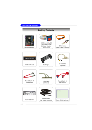 Page 141-6MS-7100 ATX MainboardPacking ContentsSLI Switch cardSATA Cable/
Power Cable (Optional)
User’s Guide/
Test Report (optional)D-Bracket 2
(Optional) MSI Driver/Utility CD
 SATA RAID Driver
Diskette/ Creative
Audio DriverBack IO ShieldQuick Guide (optional) 1394 Cable
(Optional)Round Cable of
Floppy DiskRound Cable of
IDE Devices SLI bridgeMSI motherboard 