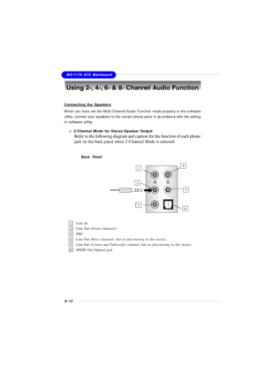 Page 1186-12MS-7176 ATX MainboardUsing 2-, 4-, 6- & 8- Channel Audio Function
Connecting the SpeakersWhen you have set the Multi-Channel Audio Function mode properly in the software
utility, connect your speakers to the correct phone jacks in accordance with the setting
in software utility.
n 2-Channel Mode for Stereo-Speaker Output
Refer to the following diagram and caption for the function of each phone
jack on the back panel when 2-Channel Mode is selected.
Back  Panel3126451Line In
2Line Out (Front...