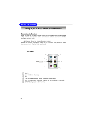 Page 1437-22MS-7176 ATX MainboardUsing 2-, 4-, 6- & 8- Channel Audio Function
Connecting the SpeakersWhen you have set the Multi-Channel Audio Function mode properly in the software
utility, connect your speakers to the correct phone jacks in accordance with the
setting in software utility.
n 2-Channel Mode for Stereo-Speaker Output
Refer to the following diagram and caption for the function of each phone jack on the
back panel when 2-Channel Mode is selected.
Back  Panel31
26 4
51Line In
2Line Out (Front...