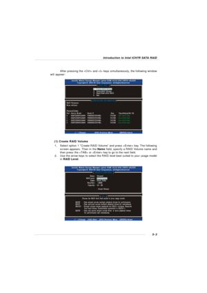 Page 875-3Introduction to Intel ICH7R SATA RAID
After pressing the  and  keys simultaneously, the following window
will appear:
(1) Create RAID Volume
1.Select option 1 “Create RAID Volume” and press  key. The following
screen appears. Then in the Name field, specify a RAID Volume name and
then press the  or  key to go to the next field.
2.Use the arrow keys to select the RAID level best suited to your usage model
in RAID Level. 