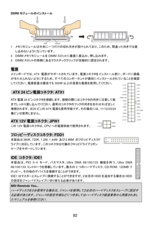 Page 88
DDRIIモジュールのインストール 
Notch
Vol t1.   メモリモジュールは中央に一つだけの切れ欠きが設けられており、このため、間違った向きでは差
し込めないようになっています。   
2. DIMM メモリモジュールを DIMMスロットに垂直に差込み、押し込みます。 
3. DIMM スロットの両側にあるクラスチッククリップが自動的に固定されます。 
 
電源
メインボードでは、ATX 電源がサポートされています。電源コネクタをインストール前に、ボードに損傷
が与たえられないようにするため、すべてのコンポーネントが適切にインストールされていることを確認
してください。電源容量は最低でも 300W以上の良質な電源を使用してください。 
GND
GND
GND
PS-ON#
GND
+3.3V -12V
+3.3V +3.3V
+3.3V +5V +5V +5V
+5V
+5V
Res
PWR OK
GND
GND GND GND
5VSB
+12V +12V 
 AT X  2 4
ピン電源コネクタ : ATX1 
AT X電源...