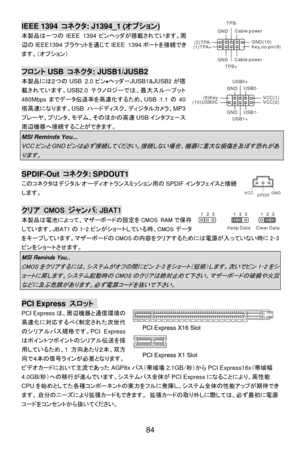 Page 90
IEEE 1394 コネクタ: J1394_1 ( オプション) 
GND(10)(2)TPA- GND
TPB-
Cable power
(1)TPA+ GNDTPB+ Cable power Key,no pin(9)本製品は一つの
IEEE 1394ピンヘッダが搭載されています。周
辺の IEEE1394 ブラケットを通じて IEEE 1394ポートを接続でき
ます。（オプション） 
 
フロント USB コネクタ : JUSB1/JUSB2 
本製品には２つの USB 2.0ピン•ヘッダー JUSB1&JUSB2が搭
載されています。 USB2.0テクノロジーでは、最大スループット
480Mbps までデータ伝送率を高速化するため、 USB 1.1の40
倍高速になります。 USBハードディスク、ディジタルカメラ、 MP3
プレーヤ、プリンタ、モデム、そのほかの高速 USBインタフェース
周辺機器へ接続することができます。 
VCC(2)
USB1-
GND GND USB0-
USB0+
USB1+
(10)USB0C
VCC(1)
(9)Key
MSI Reminds You......