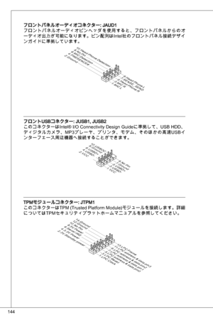 Page 144
44

フロントパネルオーディオコネクター: Jaudフロントパネルオーディオピンヘッダを使用すると、フロントパネルからのオ
ーディオ出力が可能になります。ピン配列はintel社のフロントパネル接続デザイ
ンガイドに準拠しています。
1.MIC L3.MIC R
10.Head Phone Detection
5.Head Phone R
7.SENSE_SEND
9.Head Phone L
8.No Pin6.MIC Detection
4.PRESENCE#
2.Ground
フロントuSBコネクター: JuSB, JuSB2
このコネクターはintel® i/o Connectivity design Guideに準拠して、uSB Hdd、
ディジタルカメラ、MP プレーヤ、プリンタ、モデム、そのほかの高速 uSBイ
ンターフェース周辺機器へ接続することができます。
1 . V CC3 . U S B D-
1 0 . U S B OC
5 . U S B D+
7. G r o u n d9 . N oP in
8. G r o u n d6 . U...