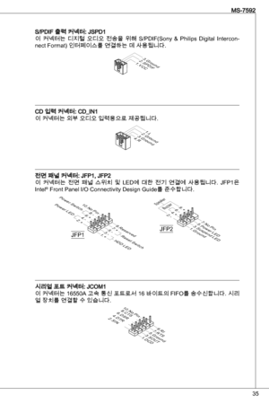 Page 35
5
MS-7592

S/PdiF 출력 커넥터: JSPd
이  커넥터는  디지털  오디오  전송을  위해  S/PdiF(Sony  &  Philips digital intercon-nect Format) 인터페이스를 연결하는 데 사용됩니다.
1.VCC2.SPDIF3.Ground
Cd 입력 커넥터: Cd_in이 커넥터는 외부 오디오 입력용으로 제공됩니다.
4.R3.Ground
2.Ground
1.L
전면 패널 커넥터: JFP, JFP2
이  커넥터는  전면  패널  스위치  및  Led에  대한  전기  연결에  사용됩니다.  JFP은
intel
® Front Panel i/o Connectivity design Guide를 준수합니다.
1 .+3 .-
1 0 . N oP in
5 .-R e s e tSw i t c hH D DL ED
Po w e rSw i t c hPo w e rL ED
7 .+9 . R e s e r v e
d
8 .-6 .+4 .-2...