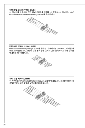 Page 36
6

전면 패널 오디오 커넥터: Jaud
이  커넥터를  사용하여  전면  패널  오디오를  연결할  수  있으며,  이  커넥터는 intel® 
Front Panel i/o Connectivity design Guide를 준수합니다.
1.MIC L3.MIC R
10.Head Phone Detection
5.Head Phone R
7.SENSE_SEND
9.Head Phone L
8.No Pin6.MIC Detection
4.PRESENCE#
2.Ground
전면 uSB 커넥터: JuSB, JuSB2
intel®  i/o Connectivity  design Guide를 준수한 이 커넥터는  uSB Hdd, 디지털 카
메라, MP 플레이어, 프린터, 모뎀 등과 같은 고속의  uSB 인터페이스 주변 장치를 
연결하는 데 적합합니다.
1 . V CC3 . U S B D-
1 0 . U S B OC
5 . U S B D+
7. G r o u n d9 . N oP...