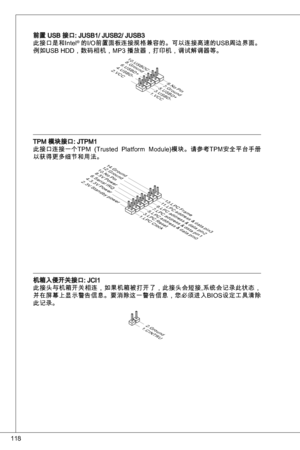 Page 118
8

前置 uSB 接口: JuSB/ JuSB2/ JuSB
此接口是和intel® 的i/o前置面板连接规格兼容的。可以连接高速的uSB周边界面。
例如uSB Hdd，数码相机，MP 播放器，打印机，调试
^