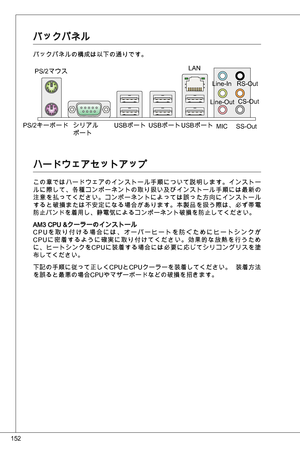 Page 152
52

バックパネル
バックパネルの構成は以下の通りです。
ハードウェアセットアップ
この章ではハードウェアのインストール手順について説明します。インストールに際して、各種コンポーネントの取り扱い及びインストール手順には最新の注意を払ってください。コンポーネントによっては誤った方向にインストールすると破損または不安定になる場合があります。本製品を扱う際は、必ず帯電防止バンドを着用し、静電気によるコンポーネント破損を防止してください。
aM CPu &クーラーのインストール
C Puを 取 り 付 け る 場 合 に は 、 オ ー バ ー ヒ ー ト を 防 ぐ た め に ヒ ー ト シ ン ク が
C P uに 密 着 す る よ う に 確 実 に 取 り 付 け て く だ さ い 。 効 果 的 な 放 熱 を 行 う た め
に、ヒートシンクをCP uに装着する場合には必要に応じてシリコングリスを塗
布してください。
下記の手順に従って正しくCPuとCPuクーラーを装着してください。  装着方法
を誤ると最悪の場合CPuやマザーボードなどの破損を招きます。...