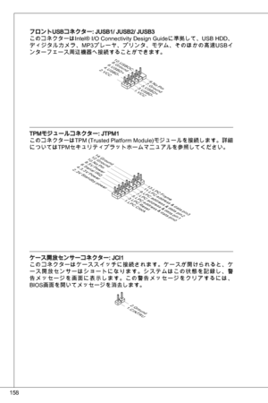 Page 158
58

フロントuSBコネクター: JuSB/ JuSB2/ JuSB
このコネクターはintel®  i/o Connectivity design Guideに準拠して、uSB Hdd、
ディジタルカメラ、MP プレーヤ、プリンタ、モデム、そのほかの高速 uSBイ
ンターフェース周辺機器へ接続することができます。
1 . V CC3 . U S B D-
1 0 . U S B OC
5 . U S B D+
7. G r o u n d9 . N oP in
8. G r o u n d6 . U S B D+4 . U S B D-2 . V CC
tPMモジュールコネクター: JtPM
このコネクターはtPM (trusted Platform Module)モジュールを接続します。詳細
についてはtPMセキュリティプラットホームマニュアルを参照してください。
10.No Pin
14.Ground8.5V Power
12.Ground6.Serial IRQ4.3.3V Power2.3V Standby power
1.LPC...