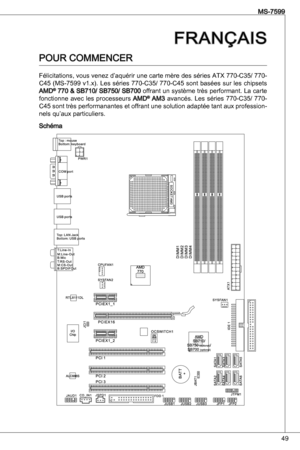 Page 49
49
MS-7599
FR an Çai S
PouR CoMMenCeR
Félicitations, vous venez d’aquérir une carte mère des séries  atX 770-C5/ 770-
C45 (MS-7599 v.x). Les séries 770-C5/ 770-C45 sont basées sur les chipsets 
aMd® 770 & SB70/ SB750/ SB700 offrant un système très performant. La carte fonctionne  avec  les  processeurs aMd®  aM  avancés.  Les  séries  770-C5/  770-C45 sont très performanantes et offrant une solution adaptée tant aux profession-nels qu’aux particuliers.
Schéma 