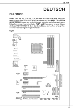 Page 69
69
MS-7599
deutSCH
einLeitunG
danke,  dass  Sie  das  770-C5/  770-C45  Serie  (MS-7599  v.x)  atX  Mainboard 
gewählt haben.  das 770-C5/ 770-C45 Serie basiert auf dem aMd® 770 & SB70/ SB750/ SB700 Chipsatz und ermöglicht so ein optimales und effizientes System. 
entworfen,  um  den  hochentwickelten aMd®  aM Prozessoren  zu  unterstützen, 
stellt  das  770-C5/  770-C45  Serie  die  ideale  Lösung  zum  aufbau  eines  profes-sionellen Hochleistungsdesktopsystems dar.
Layout 