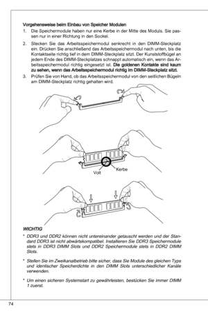 Page 74
74

Vorgehensweise beim einbau von Speicher Modulendie Speichermodule haben nur eine  kerbe in der Mitte des Moduls. Sie pas-sen nur in einer Richtung in den Sockel.
Stecken  Sie  das arbeitsspeichermodul  senkrecht  in  den  diMM-Steckplatz 
ein. drücken Sie anschließend das arbeitsspeichermodul nach unten, bis die 
kontaktseite richtig tief in dem  diMM-Steckplatz sitzt. der kunststoffbügel an 
jedem  ende des  diMM-Steckplatzes schnappt automatisch ein, wenn das  ar
-beitsspeichermodul  richtig...