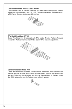 Page 78
78

uSB Frontanschluss: JuSB/ JuSB2/ JuSB
design  Guide,  und  ist  bestens  geeignet,  Hochgeschwindigkeits-  uSB-  Periph-
eriegeräte  anzuschließen,  wie  z.B.  uSB  Festplattenlaufwerke, digitalkameras, 
MP-Player, drucker, Modems und ähnliches.
1 . V CC3 . U S B D-
1 0 . U S B OC
5 . U S B D+
7. G r o u n d9 . N oP in
8. G r o u n d6 . U S B D+4 . U S B D-2 . V CC
tPM Modul anschluss: JtPM
dieser  anschluss  wird  für  das  optionale  tPM  Modul  (trusted  Platform  Module)...