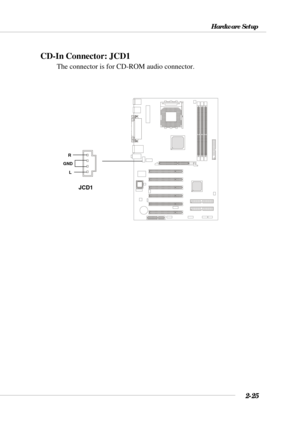 Page 432-25
Hardware Setup
CD-In Connector: JCD1
The connector is for CD-ROM audio connector.
JCD1
GND
R
L 