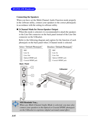 Page 83A-6
 MS-6712 ATX Mainboard
Connecting the Speakers
When you have set the Multi-Channel Audio Function mode properly
in the software utility, connect your speakers to the correct phonejacks
in accordance with the setting in software utility.
„ 2-Channel Mode for Stereo-Speaker Output
When this mode is selected, it is recommended to attach the speakers
to the Line Out connector on the back panel instead of the Line Out
connector on the S-Bracket.
Refer to the following diagram and caption for the function...