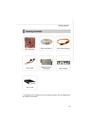 Page 141-5 Getting StartedPacking ChecklistPower CableSATA Cable (Optional)
MSI motherboardMSI Driver/Utility CD
* The pictures are for reference only. Your packing contents may vary depending on
the model you purchased.Back IO ShieldStandard Cable for
IDE DevicesUser’s GuideCH1 Getting Started.p65  2006/9/15, 下午 02:135 