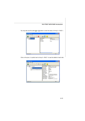 Page 71A-13 VIA VT8237 SATA RAID IntroductionYou may also use the same  or  button to view the status of Array 0---RAID 1.Click on the plus (+) symbol next to Array 0---RAID 1 to see the details of each disk.Appendix VT8237RAID.p65  2006/9/15, 下午 02:1413 