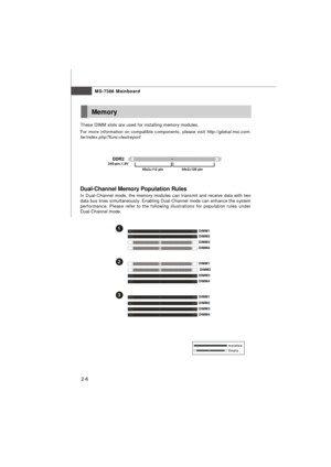 Page 192-6MS-7388 MainboardMemory
These DIMM slots are used for installing memory modules.
For more information on compatible components, please visit http://global.msi.com.
tw/index.php?func=testreportDDR2
240-pin, 1.8V1 DIMM1 DIMM2 DIMM3 DIMM42 DIMM1  DIMM2 DIMM3 DIMM43 DIMM1 DIMM2 DIMM3 DIMM4 Dual-Channel Memory Population Rules
In Dual-Channel mode, the memory modules can transmit and receive data with two
data bus lines simultaneously. Enabling Dual-Channel mode can enhance the system
performance. Please...