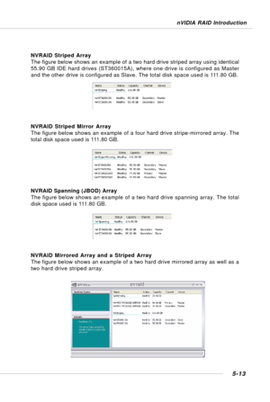 Page 1035-13
nVIDIA RAID Introduction
NVRAID Striped Array
The figure below shows an example of a two hard drive striped array using identical
55.90 GB IDE hard drives (ST360015A), where one drive is configured as Master
and the other drive is configured as Slave. The total disk space used is 111.80 GB.
NVRAID Striped Mirror Array
The figure below shows an example of a four hard drive stripe-mirrored array. The
total disk space used is 111.80 GB.
NVRAID Spanning (JBOD) Array
The figure below shows an example of...