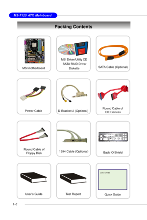 Page 141-6
MS-7125 ATX Mainboard
Packing Contents
Power Cable
SATA Cable (Optional)
User’s GuideTest Report
D-Bracket 2 (Optional) MSI motherboardMSI Driver/Utility CD
 SATA RAID Driver
DisketteRound Cable of
IDE Devices
Back IO Shield
Quick Guide 1394 Cable (Optional)
Round Cable of
Floppy Disk 