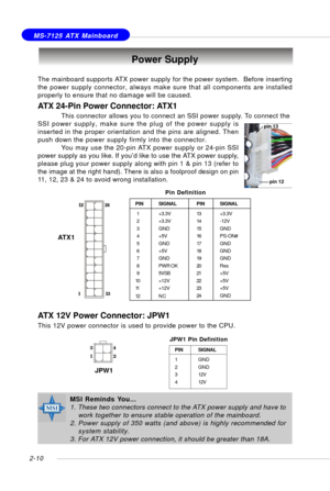 Page 242-10
 MS-7125 ATX Mainboard
Power Supply
The mainboard supports ATX power supply for the power system.  Before inserting
the power supply connector, always make sure that all components are installed
properly to ensure that no damage will be caused.
PIN SIGNAL
13 +3.3V
14 -12V
15 GND
16 PS-ON#
17 GND
18 GND
19 GND
20 Res
21 +5V
22 +5V
23 +5V
24 GNDPIN SIGNAL
 1 +3.3V
 2 +3.3V
 3 GND
 4 +5V
 5 GND
 6 +5V
 7 GND
 8 PWR OK
 9 5VSB
10 +12V
11 +12V
12 N C
 Pin Definition
ATX 24-Pin Power Connector: ATX1
This...