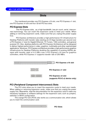 Page 402-26
 MS-7125 ATX Mainboard
Slots
PCI Express Slots
The PCI Express slots,  as a high-bandwidth, low pin count, serial, intercon-
nect technology. You can insert the expansion cards to meet your needs. When
adding or removing expansion cards, make sure that you unplug the power supply
first.
PCI Express architecture provides a high performance I/O infrastructure for
Desktop Platforms with transfer rates starting at 2.5 Giga transfers per second over
a PCI Express x1 lane for Gigabit Ethernet, TV Tuners,...