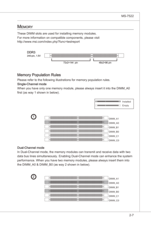 Page 23
Hardware Setup▍MS-7522

2-7
Hardware Setup▍MS-7522

MeMory
These DIMM slots are used for nstallng memory modules.
For more nformaton on compatble components, please vst
http://www.ms.com/ndex.php?func=testreport
DDR3240-pn, 1.5V
48x2=96 pn 72x2=144  pn
Memory Populaton Rules
Please refer to the followng llustratons for memory populaton rules.
Sngle-Channel mode
When you have only one memory module, please always...