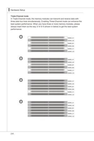 Page 24
2-8
Hardware Setup▍MS-7522
Hardware Setup▍MS-7522

Trple-Channel mode
In Trple-Channel mode, the memory modules can transmt and receve data wth
three data bus lnes smultaneously. Enablng Three-Channel mode can enhance the
best system performance. When you have three or more memory modules, please
always nsert them as the way 3/ 4/ 5/ 6 (shown n below) to get the best system
performance.
 3  DIMM_A1
   DIMM_A0
   DIMM_B1
   DIMM_B0
   DIMM_C1 
   DIMM_C0...