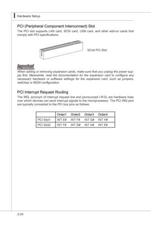 Page 40
2-24
Hardware Setup▍MS-7522
Hardware Setup▍MS-7522

PCI (Perpheral Component Interconnect) Slot
The  PCI  slot  supports  LAN  card,  SCSI  card,  USB  card,  and  other  add-on  cards  that 
comply wth PCI specficatons.32-bt PCI Slot
Important
When addng or removng expanson cards, make sure that you unplug the power sup-
ply  first.  Meanwhle,  read  the  documentaton  for  the  expanson  card  to  configure  any  necessary  hardware  or  software...