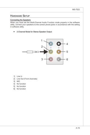 Page 91
A-19
MS-7522

hardware Setup
Connectng the Speakers
When  you  have  set  the  Mult-Channel  Audo  Functon  mode  properly n  the  software 
utlty, connect your speakers to the correct phone jacks  n accordance wth the settng 
n software utlty.
2-Channel Mode for Stereo-Speaker Output
Lne In
Lne Out (Front channels)
MIC
No functon
No functon
No functon
■
1]
2]
3]
4]
5]
6] 