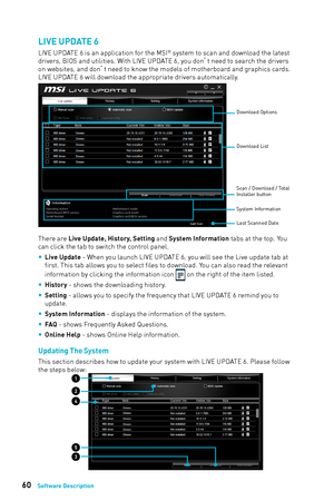 Page 6060Software Description
LIVE UPDATE 6
LIVE UPDATE 6 is an application for the MSI® system to scan and download the latest 
drivers, BIOS and utilities. With LIVE UPDATE 6, you don ’t need to search the drivers 
on websites, and don ’t need to know the models of motherboard and graphics cards. 
LIVE UPDATE 6 will download the appropriate drivers automatically.
Download Options
Download List
Scan / Download / Total 
Installer button
System Information
Last Scanned Date 
There are Live Update, History,...