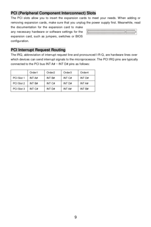 Page 15 
9 PCI (Peripheral Component Interconnect) Slots 
The PCI slots allow you to insert the expansion cards to meet your needs. When adding or 
removing expansion cards, make sure that you unplug the power supply first. Meanwhile, read 
the documentation for the expansion card to make 
any necessary hardware or software settings for the 
expansion card, such as jumpers, switches or BIOS 
configuration. 
 PCI Interrupt Request Routing 
The IRQ, abbreviation of interrupt request line and pronounced I-R-Q, are...