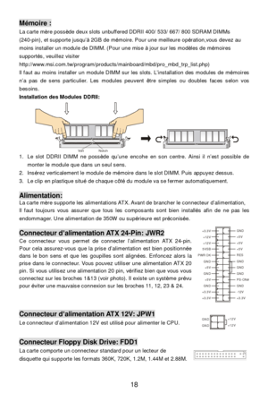 Page 2418 Mémoire : 
La carte mère possède deux slots unbuffered DDRII 400/ 533/ 667/ 800 SDRAM DIMMs 
(240-pin), et supporte jusqu’à 2GB de mémoire. Pour une meilleure opération,vous devez au 
moins installer un module de DIMM. (Pour une mise à jour sur les modèles de mémoires 
supportés, veuillez visiter 
http://www.msi.com.tw/program/products/mainboard/mbd/pro_mbd_trp_list.php) 
Il faut au moins installer un module DIMM sur les slots. L’installation des modules de mémoires 
n’a pas de sens particulier. Les...