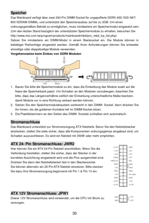 Page 36 
30 Speicher 
Das Mainboard verfügt über zwei 240-Pin DIMM Sockel für ungepufferte DDRII 400/ 533/ 667/ 
800 SDRAM DIMMs, und unterstützt den Speicherausbau auf bis zu 2GB. Um einen 
ordnungsgemäßen Betrieb zu ermöglichen, muss mindestens ein Speichermodul eingesetzt sein. 
(Um den letzten Stand bezüglich der unterstützten Speichermodule zu erhalten, besuchen Sie 
http://www.msi.com.tw/program/products/mainboard/mbd/pro_mbd_trp_list.php) 
Setzen Sie mindestens ein DIMM-Modul in einem Stecksockel ein....