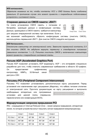 Page 51
 
45 MSI 
напоминает ... Обратите
 внимание  на  то , чтобы  контакты  VCC и GND  должны  быть  соединены  правильно
. В противном  случае  это  может  привести  к повреждению  подключаемых  устройств
 и  системной  платы .   
Стирание
 данных  из  CMOS  памяти: JBAT1 
На  плате  установлена  CMOS память, с  питанием  от   
батарейки , хранящая  данные  о  конфигурации  системы . 
Данные , хранящиеся  в  CMOS  памяти, требуются  компьютеру  
для  загрузки  операционной  системы  при  включении . Если  у...