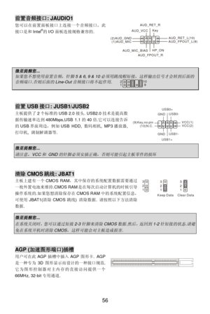 Page 62 
56 前置音频接口: JAUDIO1 
您可以在前置面板接口上连接一个音频接口，此
接口是和Intel®
的I/O面板连接规格兼容的.  
 
 
 
 
 
 
 微星提醒您
...  
如果您不想使用前置音频，针脚
5 & 6, 9 & 10
必须用跳线帽短接，这样输出信号才会转到后面的
音频端口
.
否则后面的
Line-Out
音频接口将不起作用
.   
 
 前置USB接口: JUSB1/JUSB2 
主板提供了2个标准的USB 2.0接头. USB2.0技术是提高数
据传输速率达到480Mbps,USB 1.1的40倍.它可以连接告诉
的USB界面周边，例如USB HDD, 数码相机, MP3播放器, 
打印机, 调制解调器等.  
 
 
微星提醒您
...  
请注意，
VCC
和
 GND
的针脚必须安插正确，否则可能引起主板零件的损坏
  
 清除CMOS跳线: JBAT1 
主板上建有一个CMOS RAM，其中保存的系统配置数据需要通过
一枚外置电池来维持.CMOS RAM是在每次启动计算机的时候引导
操作系统的.如果您想清除保存在CMOS RAM中的系统配置信息，...