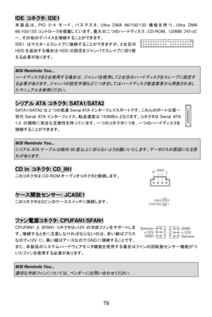 Page 85 
79 IDE コネクタ: IDE1 
本製品は、PIO 0~4 モード、バスマスタ、Ultra DMA 66/100/133 機能を持つ、Ultra DMA 
66/100/133コントローラを搭載しています。最大の二つのハードディスク、CD-ROM, 120MBフロッピ
ー、その他のデバイスを接続することができます。 
IDE1はマスターとスレイブに接続することができますが、２台目の
HDDを追加する場合はHDDの設定をジャンパでスレイブに切り替
える必要があります。 
 
 MSI Reminds You...  ハードディスクを２台使用する場合は、ジャンパを使用して２台目のハードディスクをスレーブに設定す
る必要があります。ジャンパの設定手順などにつきましてはハードディスク製造業者から用意されまし
たマニュアルを参照ください。
  シリアルATA コネクタ: SATA1/SATA2 
SATA1/SATA2は2つの高速Serial ATAインターフェイスポートです。これらのポートは第一
世代Serial ATAインターフェイス、転送速度は150MB/sとなります。コネクタはSerial ATA...