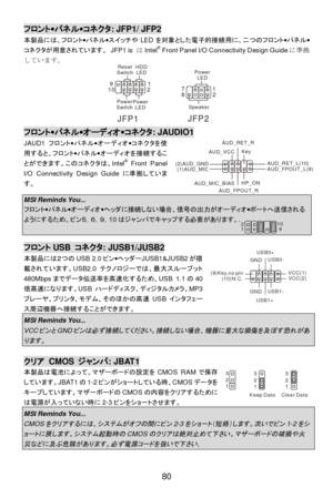 Page 86 
80 フロント·パネル·コネクタ: JFP1/ JFP2 
本製品には、フロント·パネル·スイッチやLEDを対象とした電子的接続用に、二つのフロント·パネル·
コネクタが用意されています。 JFP1 is はIntel®
 Front Panel I/O Connectivity Design Guideに準拠
しています。  
 
 
 
 
 
 
 
 フロント·パネル·オーディオ·コネクタ: JAUDIO1 
JAUD1フロント·パネル·オーディオ·コネクタを使
用すると、フロント·パネル·オーディオを接続するこ
とができます。このコネクタは、Intel®
 Front Panel 
I/O Connectivity Design Guideに準拠していま
す。  
 MSI Reminds You...  フロント·パネル·オーディオ·ヘッダに接続しない場合、信号の出力がオーディオ·ポートへ送信されるようにするため、ピン５，６，９，10はジャンパでキャップする必要があります。.     フロントUSB コネクタ: JUSB1/JUSB2 
本製品には２つのUSB...