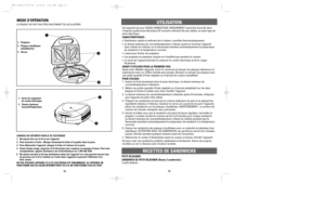 Page 81213
MODE DOPƒRATIONLE PRODUIT NE PEUT PAS æTRE EXACTEMENT TEL QUÕILLUSTRƒS
A
23
1. PoignŽes
2. Plaques chauffantes 
antiadhŽsives 
3. Verrou1. Socle de rangement 
du cordon Žlectrique
2. TŽmoin lumineux 
Courant/TempŽrature
1
2
CONSEILS DE SƒCURITƒ POUR LE FIL ƒLECTRIQUE
1. Ne jamais tirer sur le fil ou sur lÕappareil 
2. Pour brancher la fiche : Attraper fermement la fiche et la guider dans la prise.
3. Pour dŽbrancher lÕappareil, attraper la fiche et lÕenlever de la prise.
4. Avant chaque usage,...