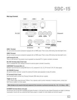 Page 20Main Input Terminal
HDMI 1Te rminal
Yo ucan connec tany source compo nentequippe dwith anHDMI output™f Thereisalso aM3 lock inghole (hole depth 3mm)™f
HDMI \fTe rminal
Yo ucan connec tany source compo nentequippe dwith anHDMI output™f Thereisalso aM3 lock inghole (hole depth 3mm)™f
LA N Ter minal (RJ�45)
This isaLAN� terminal™f The proje cto rmay beope rate dvia netw orked PC or system controller commands ™f
RS�\f3\fC Terminal (male D�Sub 9pin )
This isastandard RS�23 2Cinte rface terminal...