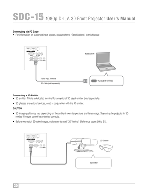 Page 311HDM I 2
RS23 2C C
R/PRCB/PBY
3D
SYNC HROPC TRIGGER REMO TE
CON TRO L LAN
1H DM I 2
RS23 2C C
R/PRCB/PBY
3D
SY NC HROPC TRIGGER REMO TE
CON TRO L LAN
30
SDC �1\b108 0p D�ILA 3D FrontProjecto rUserÕ sManual
Conne cting via PCCable
•For infor mation on suppo rtedinput signals ,plea sereferto“Spe cificatio ns”inthis Manual
Notebook PC
VGAOutput Terminals
PCCable (soldseparately\b ToPC Input Terminal
Conne cting a3D Emitter
•3D emi tter: This isadedicate dte rmina lfor an opt ional 3D signal...