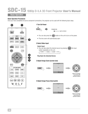 Page 35•You ca n als o pres sthe buttononthe unitto turn onthe power™f
•The lens cove rwi ll au toma tical lyopen™f
34
SDC �1\b108 0p D�I LA 3D FrontProject or UserÕ sManual
Ba sic Operat ion
BA CK HIDE
LIGH T
LEN SAP.C.M.DPC HDMI 1 STAND BY
ASPEC T
HDMI 2
ANAMO
COMP.
LENS .C
ONTROL
MENU
GAM MAP.FIL E CO LO RAD J. PI C.
ON
FILM
NAT URALSTAGE 3D
USE R1USE R2 T HX AN IME
CINE MA
PICT UR EMOD E
INPUT
TE MP C OL OR
ON
LEN S
LENS 

B asi cOpe ration Procedur es
Onc eyou hav ecom pleted allsour cecomponent...