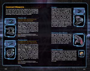 Page 12Stationary Gun (Shade)Although the Shade appears to be a
light  anti-vehicle  weapon,  the
Covenant uses it almost exclusively in
an anti-infantry role. The operator sits
directly  behind  the  gun  and  an
armored  control  suite,  but  relies
entirely  on  infantry  support  for
protection to the sides and rear.Plasma  GrenadeThis weapon is similar to our own hand grenade
in  that  it  is  a  thrown  anti-infantry  and  anti-
vehicle  weapon.  It  has  some  kind  of  internal
mechanism that allows it...